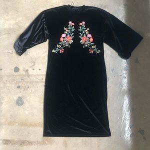 Zara black Velvet Midi Dress Embroidered Flowers